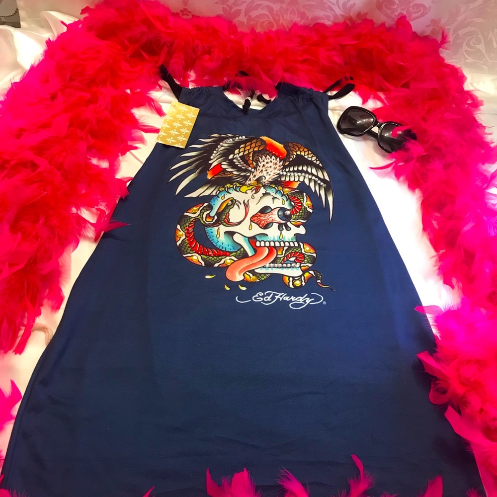 Rare🦄 vintage y2k Ed hardy halter dress with crystals 💙✨